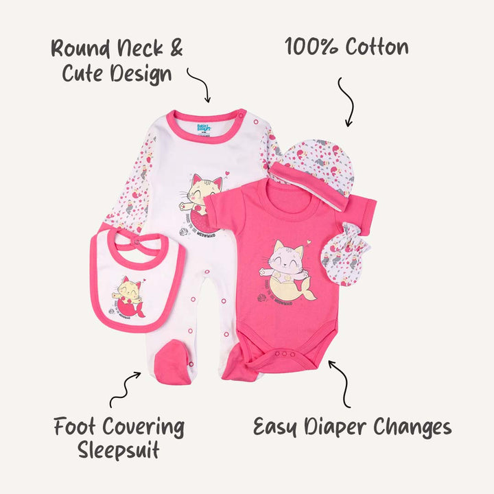 5pc Cotton Set - Bib, Romper, Mittens, Cap, Sleepsuit - Meowmaid - Red