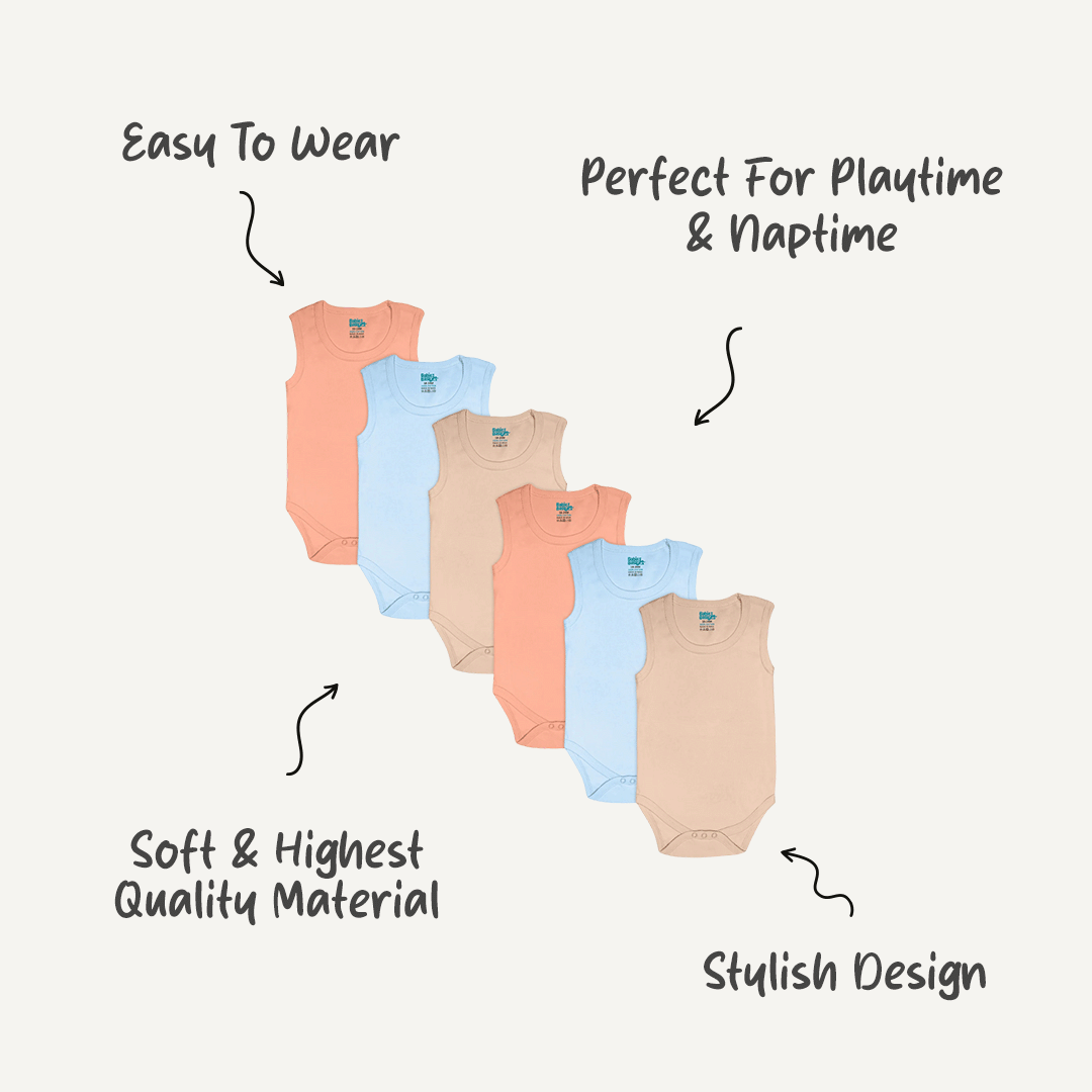 Babies Basic - 6pc-Set - 100% Cotton Sleeveless Bodysuit ‚ Blue, Brown, Orange