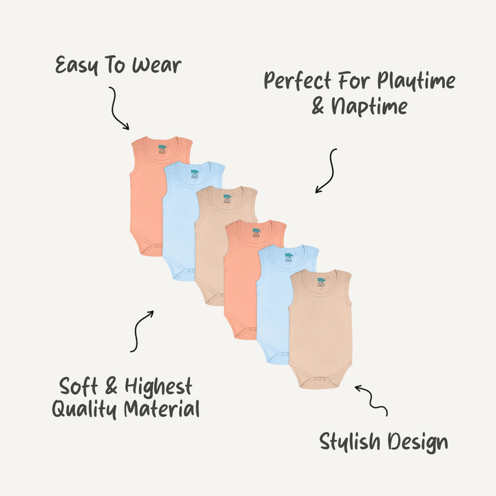 Babies Basic - 6pc-Set - 100% Cotton Sleeveless Bodysuit ‚ Blue, Brown, Orange