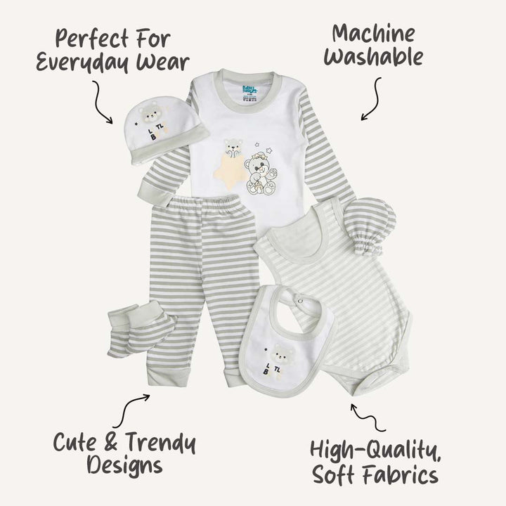 7pc Cotton Set - Bib, Romper, Mittens, Socks, Cap, Top & Pyjama -Grey