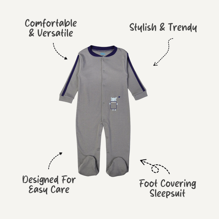 Babies Basic - Printed Cotton Long Sleeves Sleepsuit/Romper -Grey
