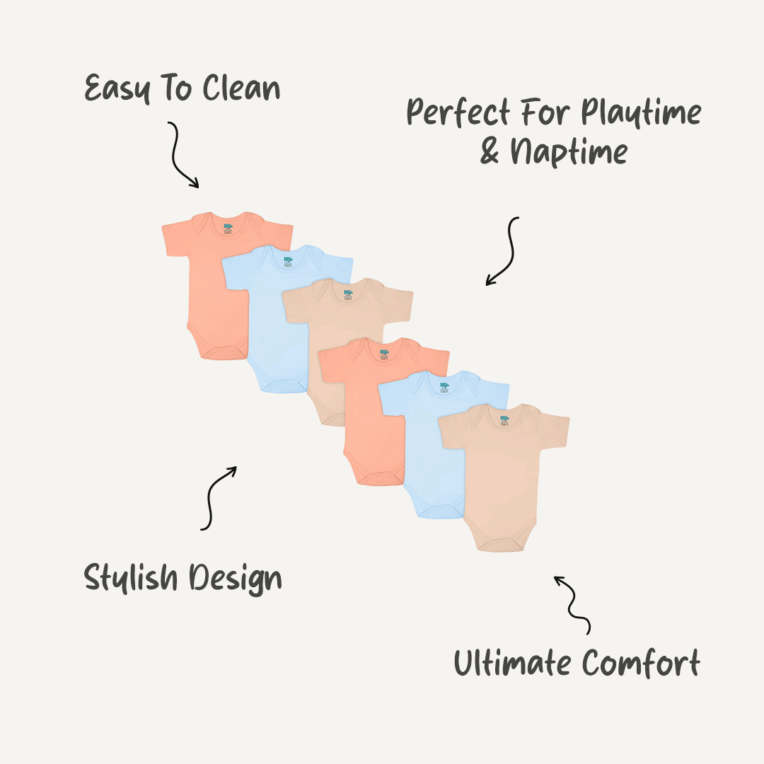 Babies Basic - 6pc-Set - 100% Cotton ShortSleeves Bodysuit ‚ Blue, Brown, Orange