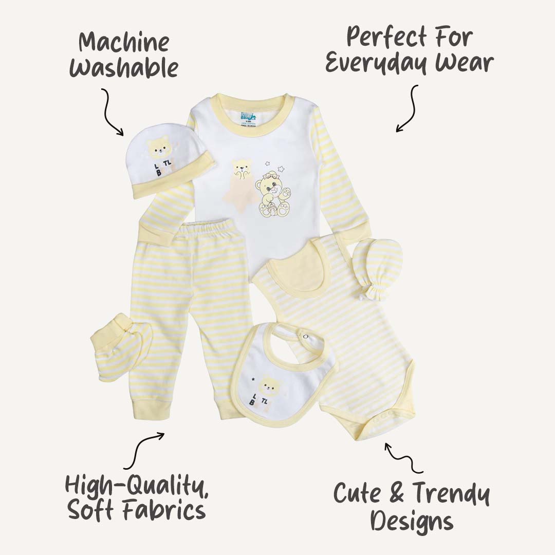 7pc Cotton Set - Bib, Romper, Mittens, Socks, Cap, Top & Pyjama -Yellow