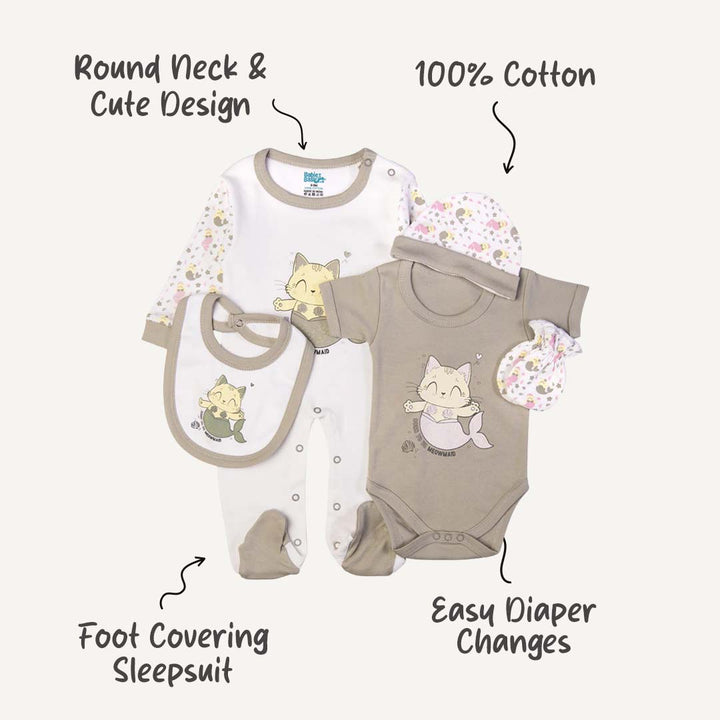 5pc Cotton Set - Bib, Romper, Mittens, Cap, Sleepsuit - Meowmaid - Grey