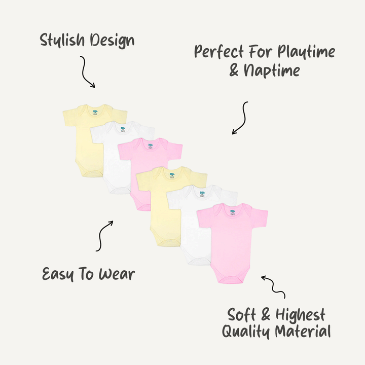 Babies Basic - 6pc-Set - 100% Cotton ShortSleeves Bodysuit ‚ Pink, Lemon, White