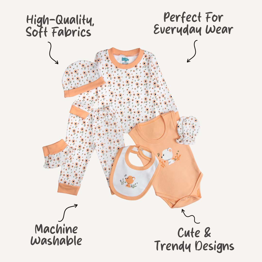 7pc Cotton Set - Bib, Romper, Mittens, Socks, Cap, Top & Pyjama -Peach