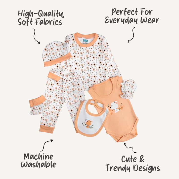 7pc Cotton Set - Bib, Romper, Mittens, Socks, Cap, Top & Pyjama -Peach