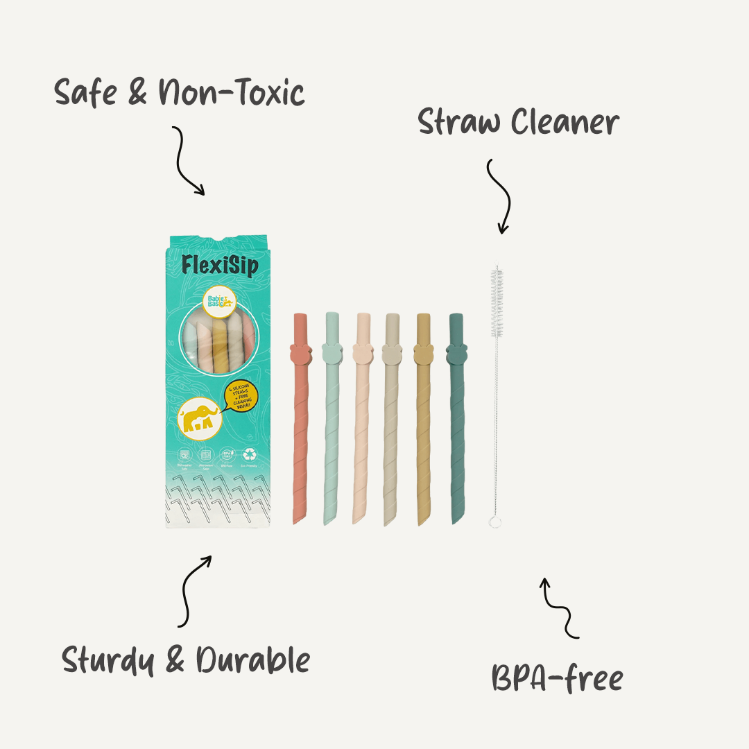 BabiesBasic Reusable Silicone Straws - Pack of 6 with Straw Cleaner