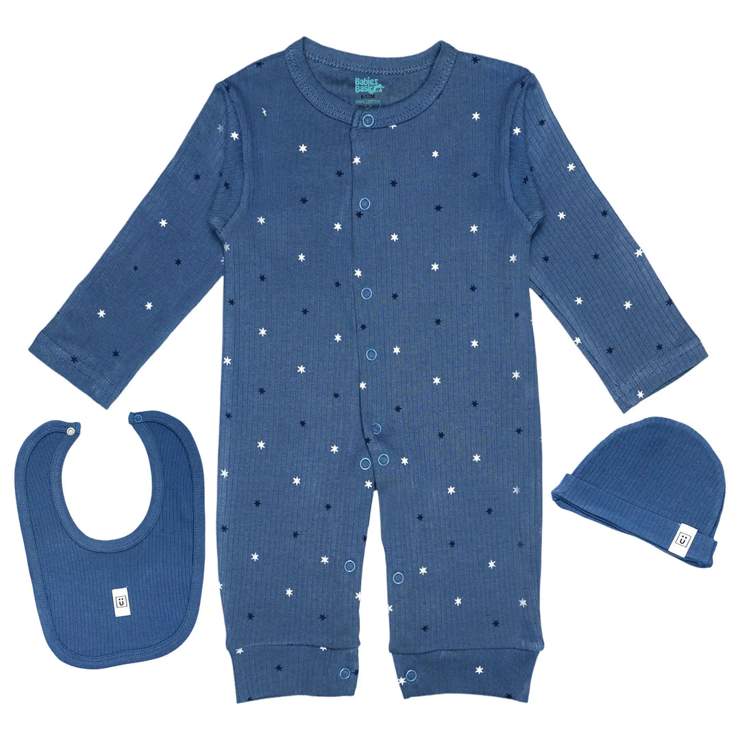 Babies Basic Ribbed Cotton Set with Sleepsuit/Romper, Cap and Bib
