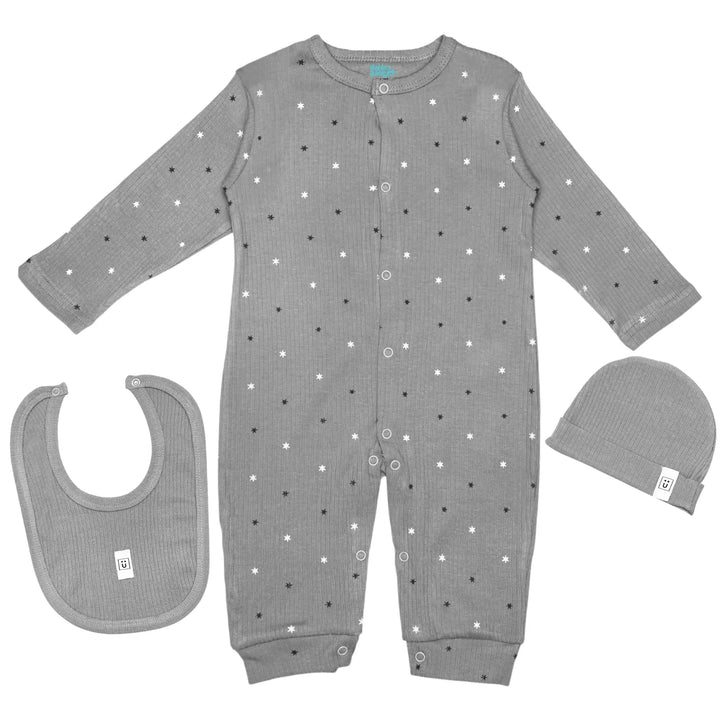 Babies Basic Ribbed Cotton Set with Sleepsuit/Romper, Cap and Bib