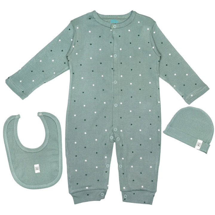 Babies Basic Ribbed Cotton Set with Sleepsuit/Romper, Cap and Bib