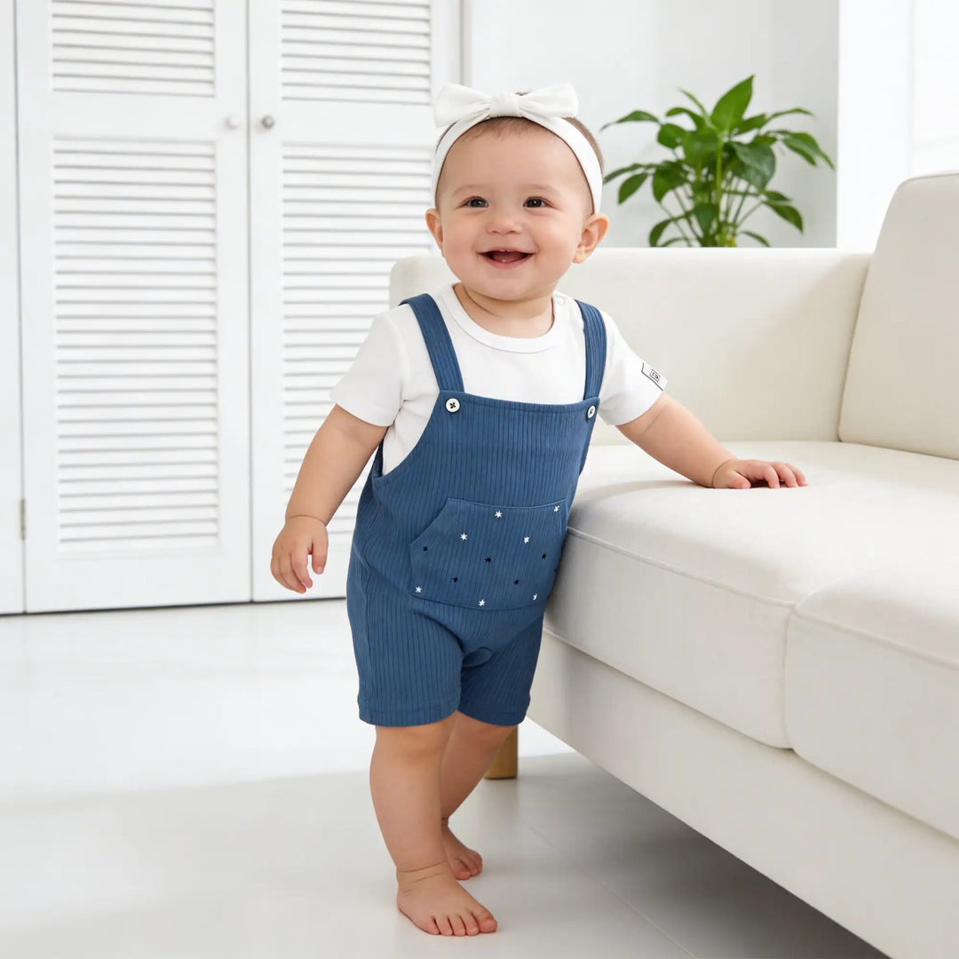 Babies Basic Ribbed Cotton Dungaree with Short Sleeves T-shirt