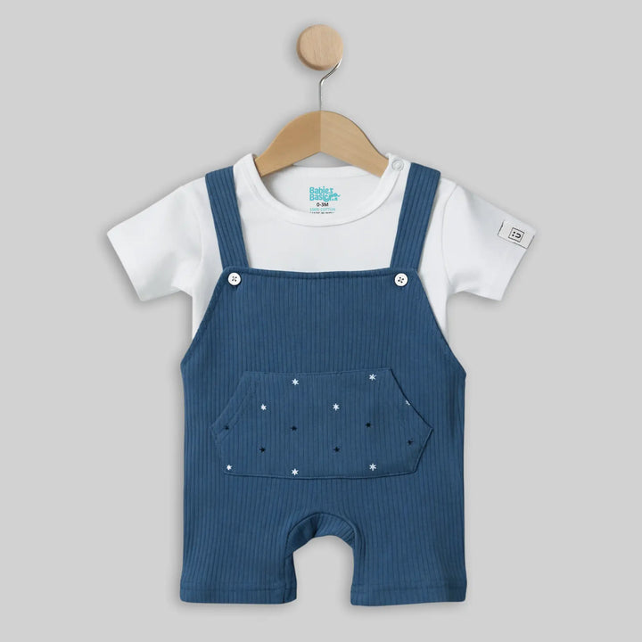 Babies Basic Ribbed Cotton Dungaree with Short Sleeves T-shirt