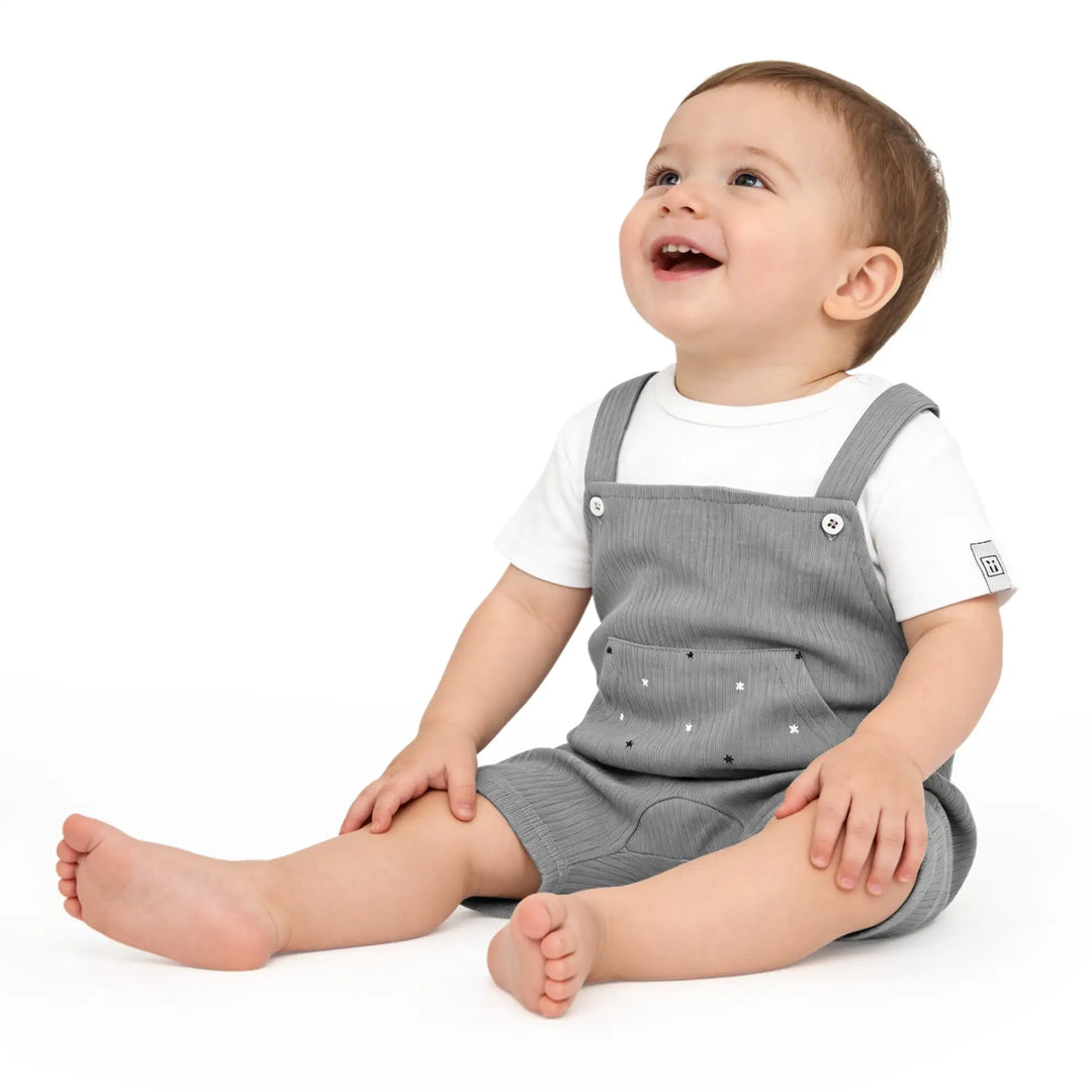 Babies Basic Ribbed Cotton Dungaree with Short Sleeves T-shirt