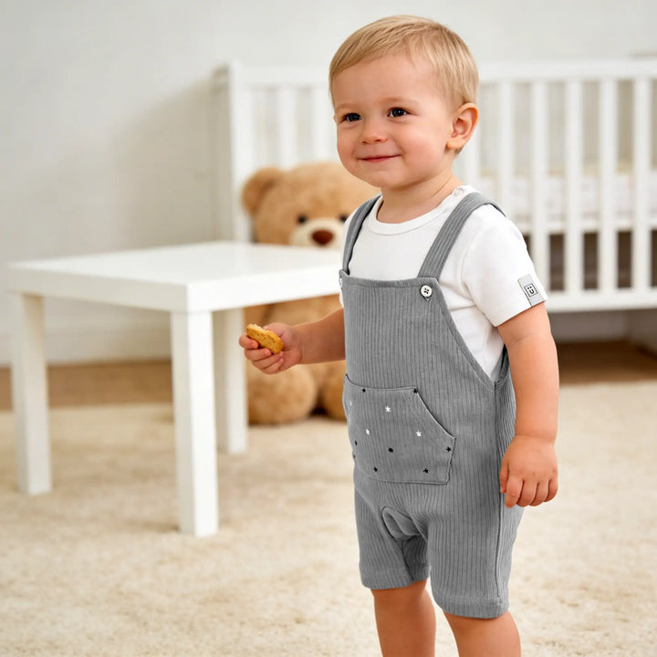 Babies Basic Ribbed Cotton Dungaree with Short Sleeves T-shirt
