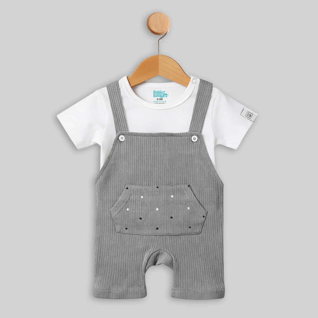 Babies Basic Ribbed Cotton Dungaree with Short Sleeves T-shirt