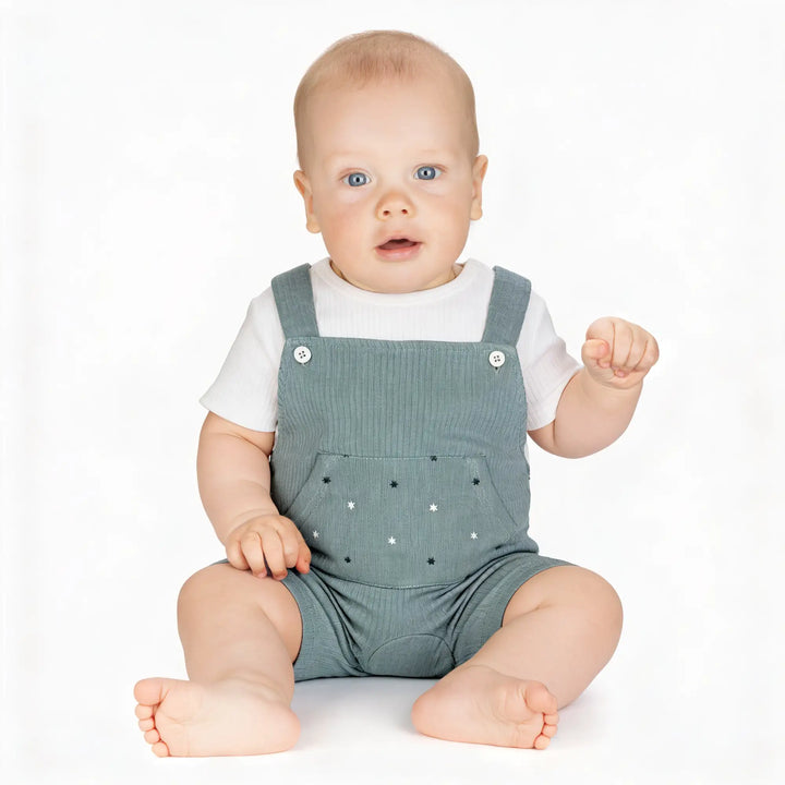 Babies Basic Ribbed Cotton Dungaree with Short Sleeves T-shirt