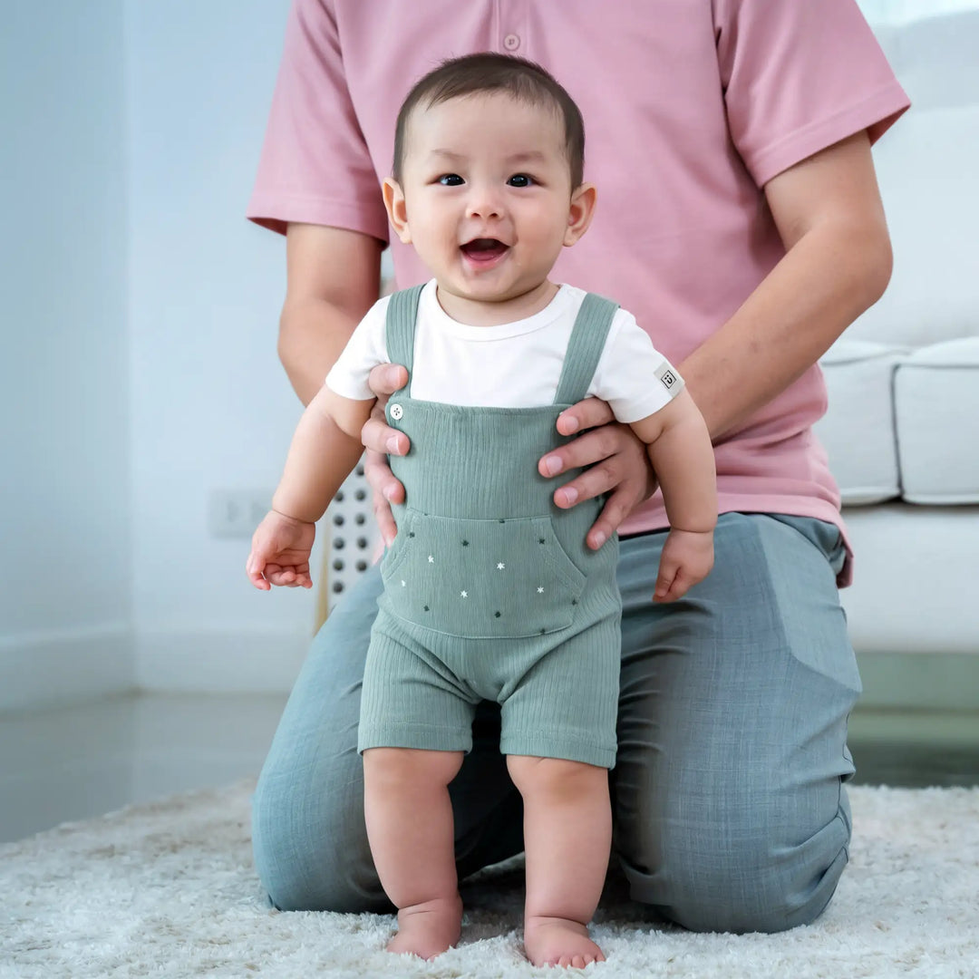 Babies Basic Ribbed Cotton Dungaree with Short Sleeves T-shirt
