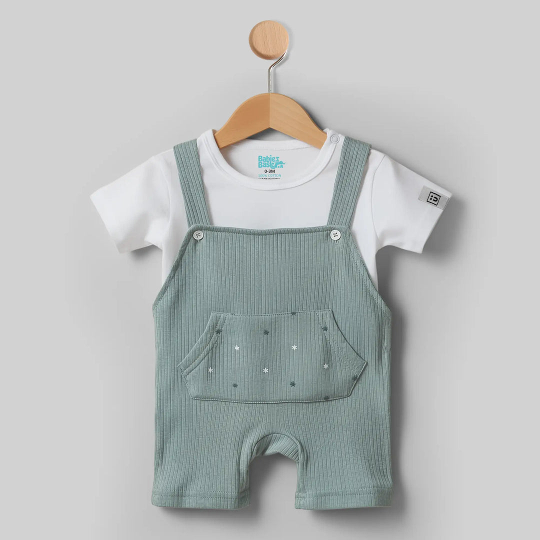 Babies Basic Ribbed Cotton Dungaree with Short Sleeves T-shirt