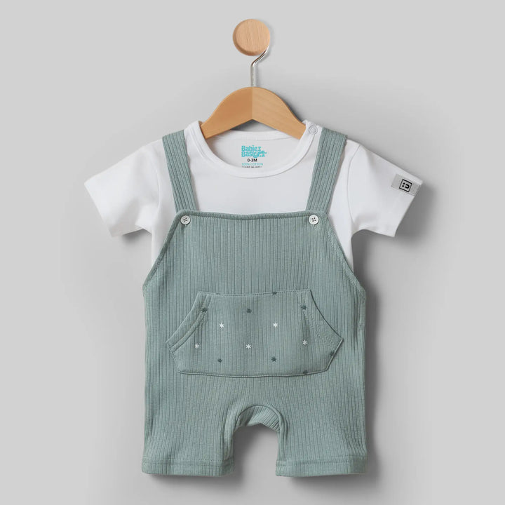 Babies Basic Ribbed Cotton Dungaree with Short Sleeves T-shirt