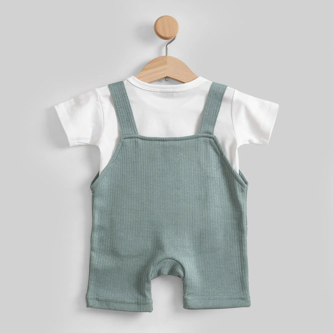 Babies Basic Ribbed Cotton Dungaree with Short Sleeves T-shirt
