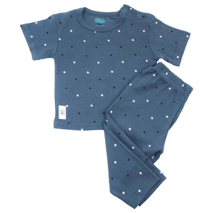 Babies Basic Ribbed Cotton Printed Short Sleeves T-shirt and Printed Pyjama Set
