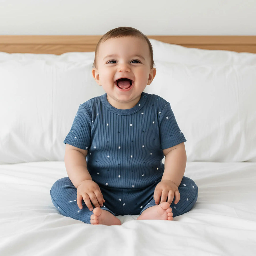 Babies Basic Ribbed Cotton Printed Short Sleeves T-shirt and Printed Pyjama Set