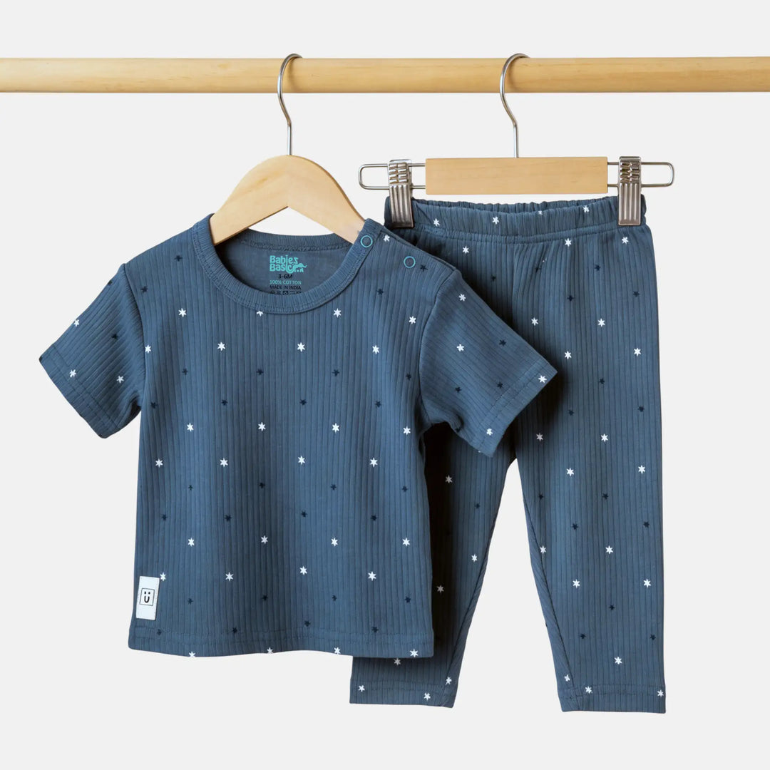 Babies Basic Ribbed Cotton Printed Short Sleeves T-shirt and Printed Pyjama Set