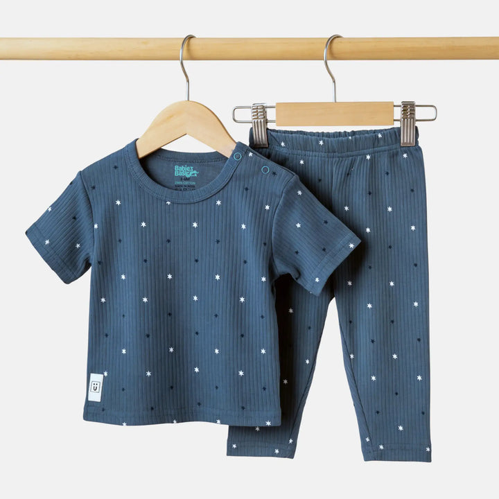 Babies Basic Ribbed Cotton Printed Short Sleeves T-shirt and Printed Pyjama Set