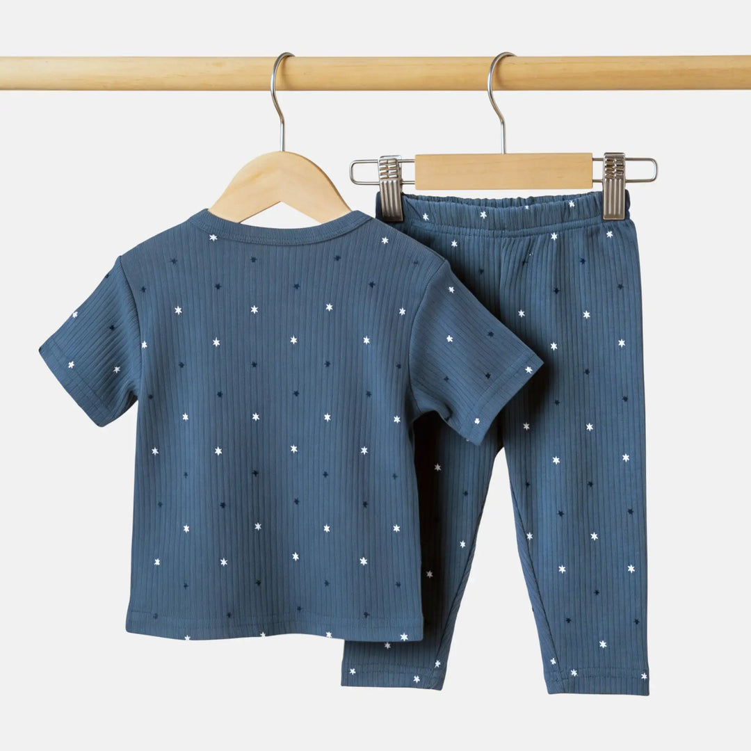 Babies Basic Ribbed Cotton Printed Short Sleeves T-shirt and Printed Pyjama Set