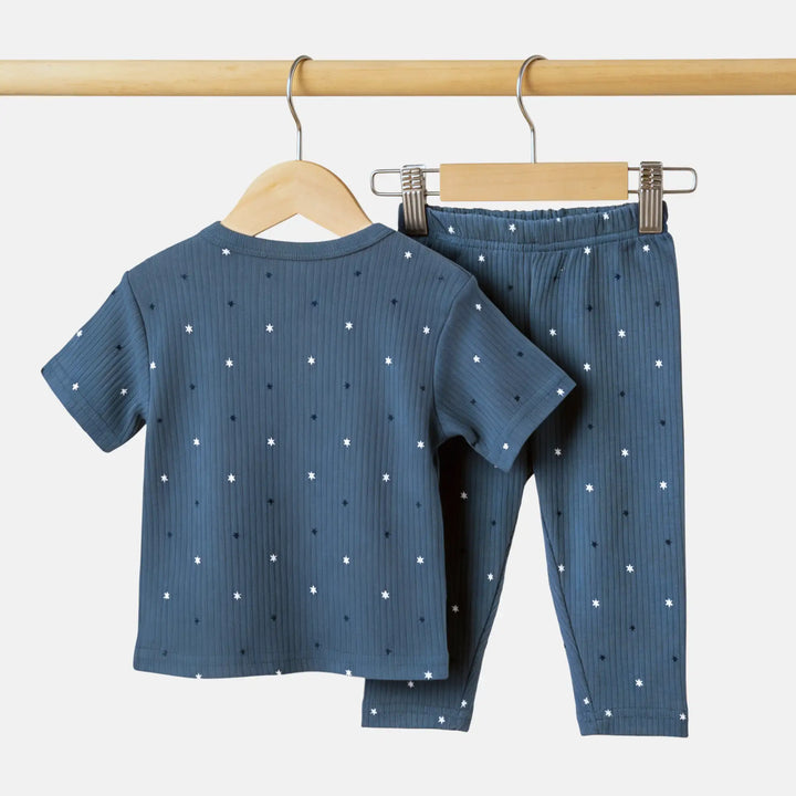Babies Basic Ribbed Cotton Printed Short Sleeves T-shirt and Printed Pyjama Set