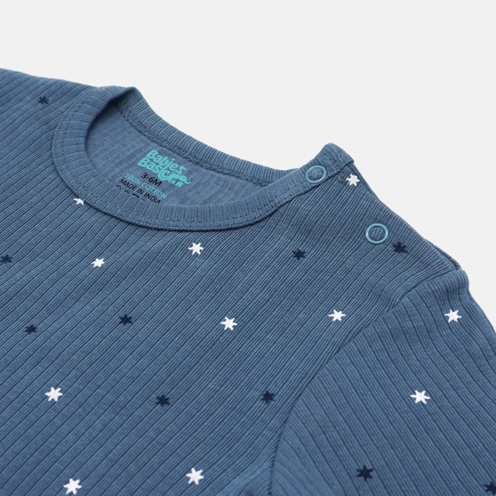 Babies Basic Ribbed Cotton Printed Short Sleeves T-shirt and Printed Pyjama Set