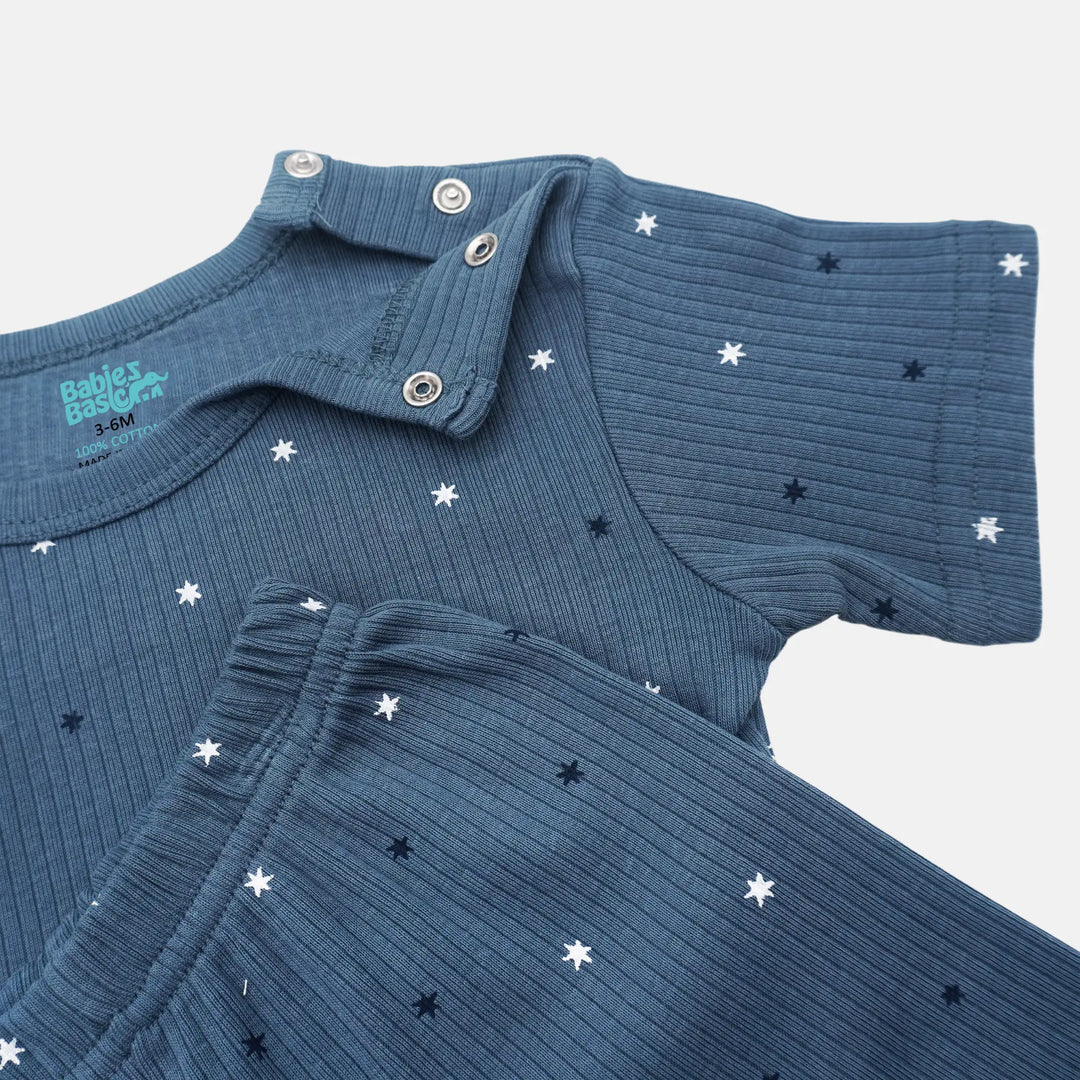 Babies Basic Ribbed Cotton Printed Short Sleeves T-shirt and Printed Pyjama Set