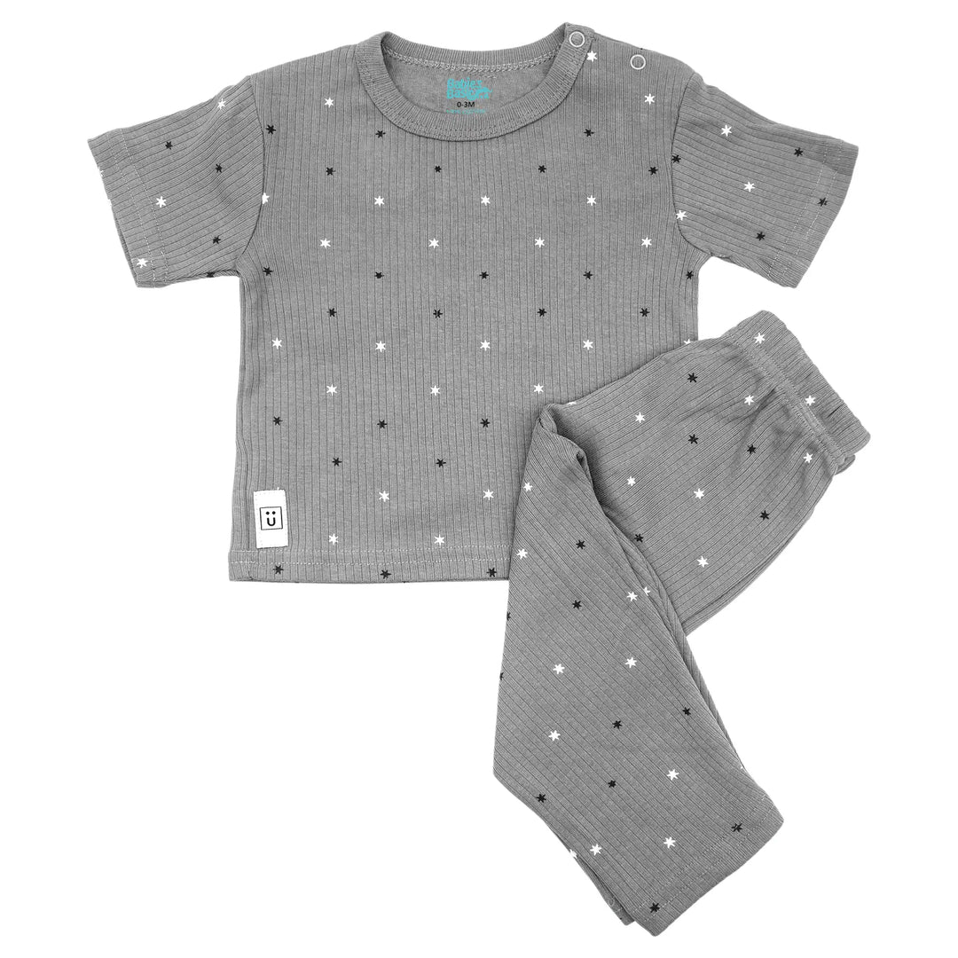 Babies Basic Ribbed Cotton Printed Short Sleeves T-shirt and Printed Pyjama Set