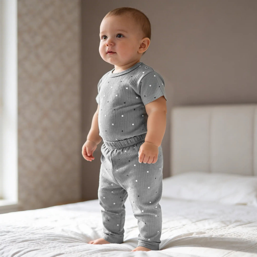 Babies Basic Ribbed Cotton Printed Short Sleeves T-shirt and Printed Pyjama Set