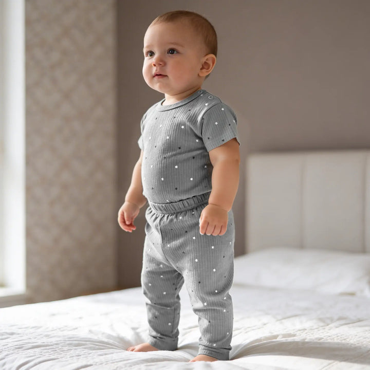 Babies Basic Ribbed Cotton Printed Short Sleeves T-shirt and Printed Pyjama Set