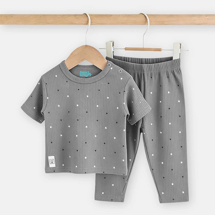 Babies Basic Ribbed Cotton Printed Short Sleeves T-shirt and Printed Pyjama Set