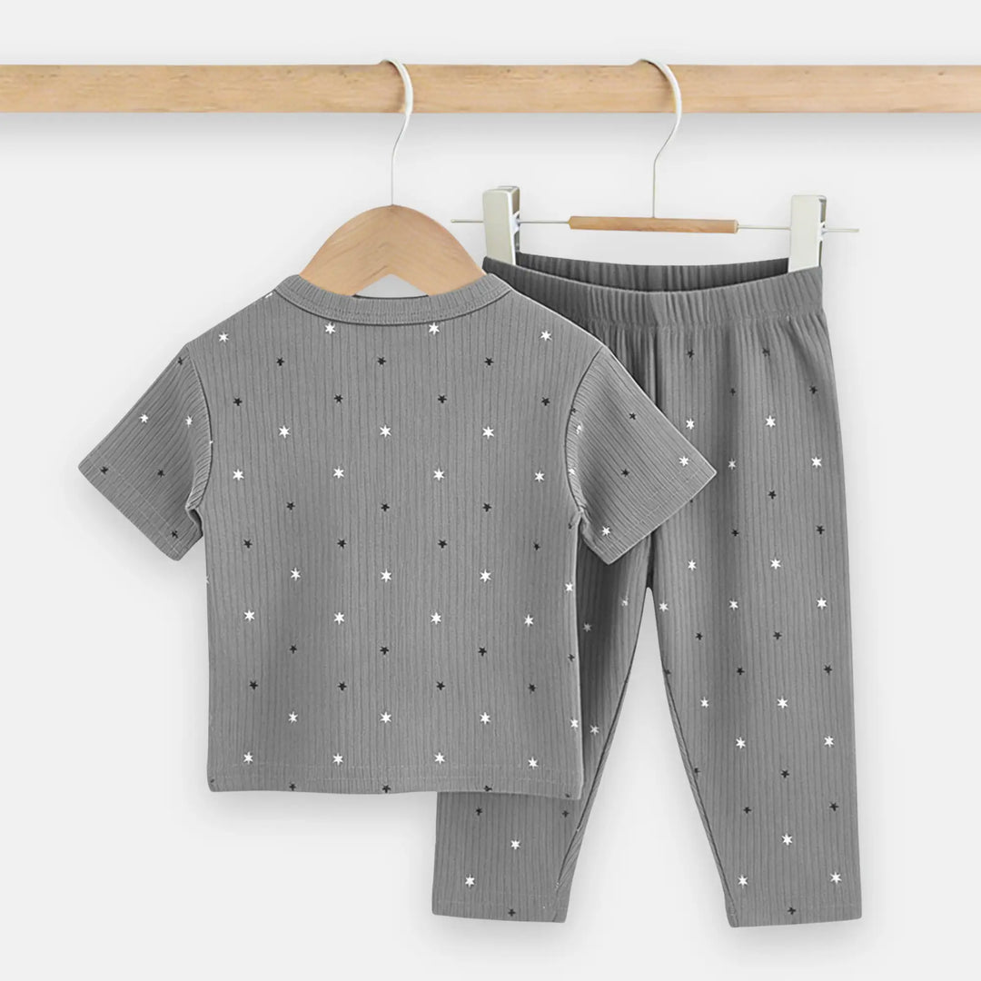 Babies Basic Ribbed Cotton Printed Short Sleeves T-shirt and Printed Pyjama Set
