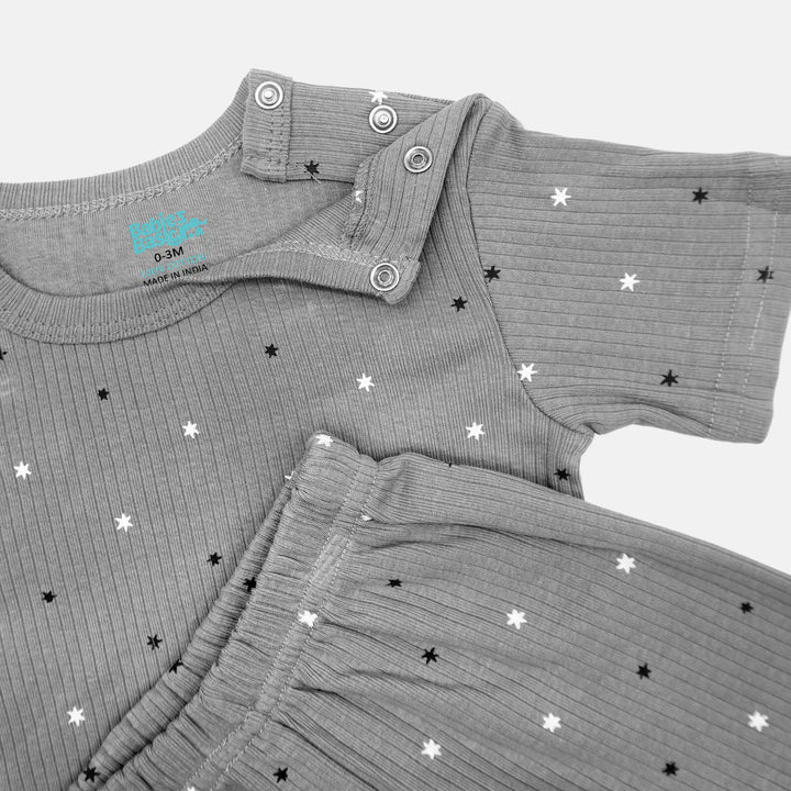 Babies Basic Ribbed Cotton Printed Short Sleeves T-shirt and Printed Pyjama Set