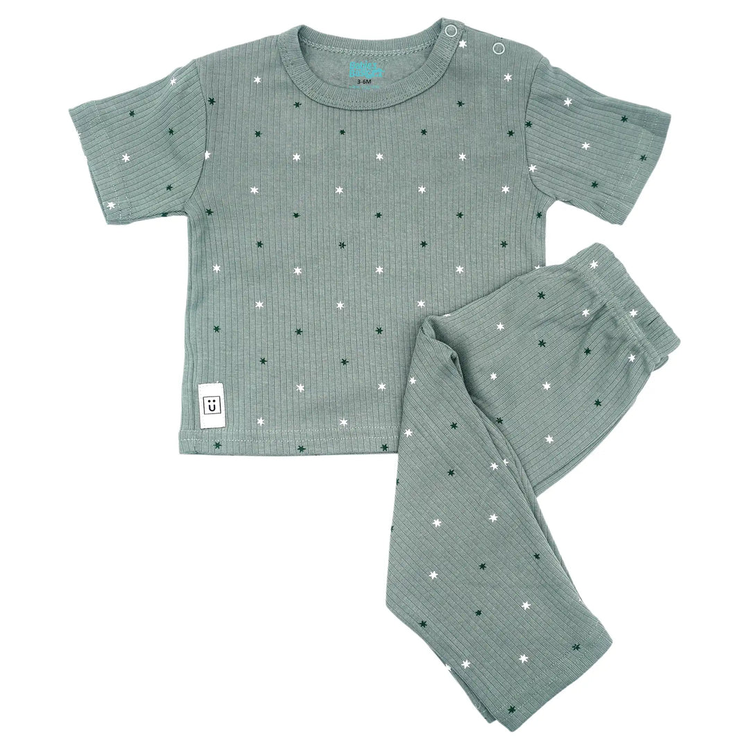 Babies Basic Ribbed Cotton Printed Short Sleeves T-shirt and Printed Pyjama Set