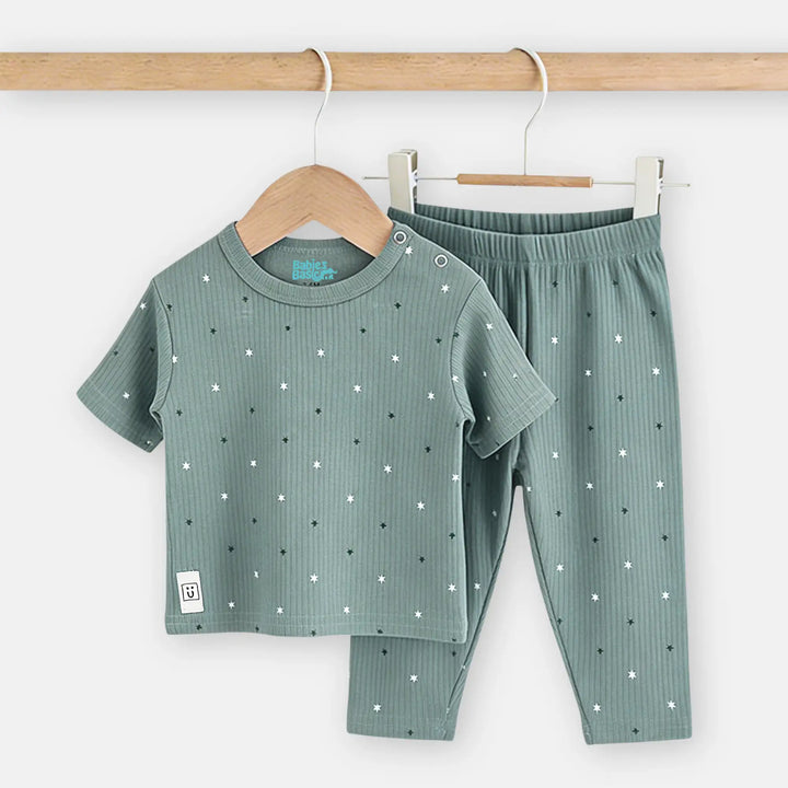 Babies Basic Ribbed Cotton Printed Short Sleeves T-shirt and Printed Pyjama Set