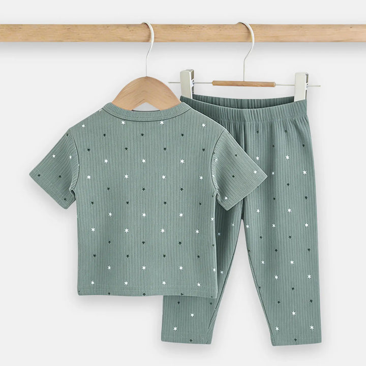Babies Basic Ribbed Cotton Printed Short Sleeves T-shirt and Printed Pyjama Set