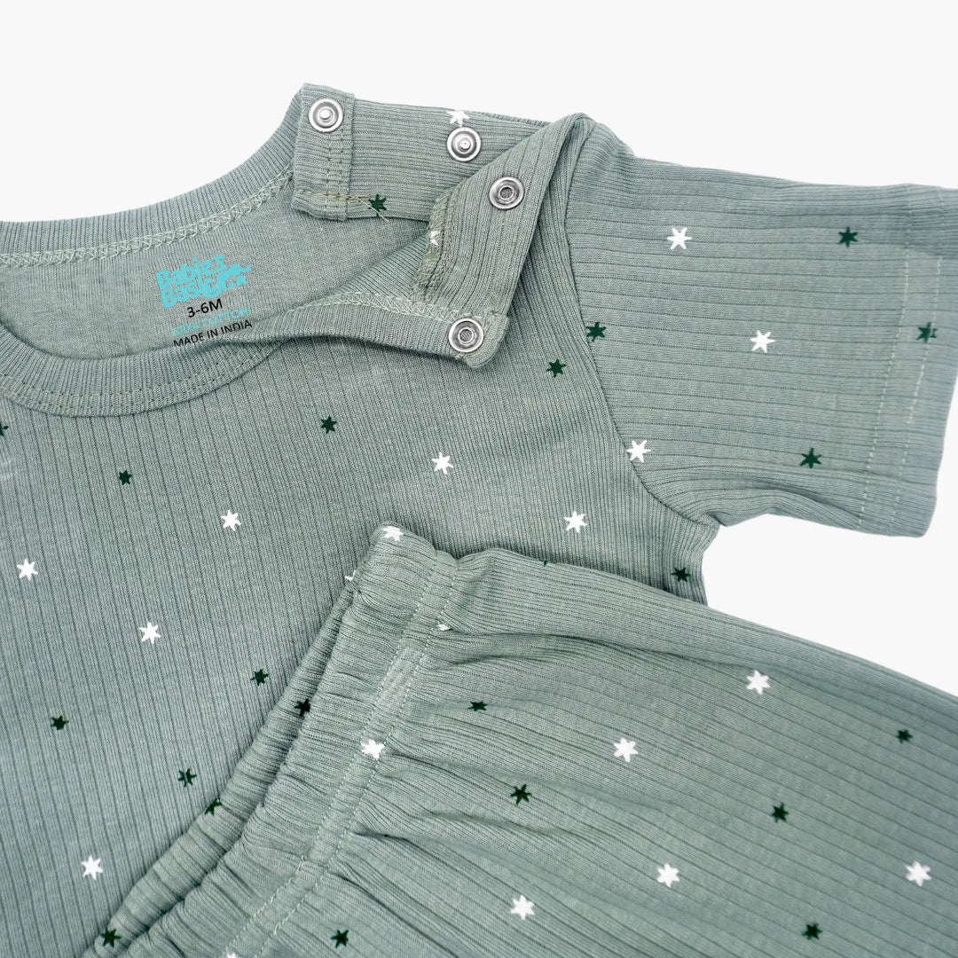 Babies Basic Ribbed Cotton Printed Short Sleeves T-shirt and Printed Pyjama Set
