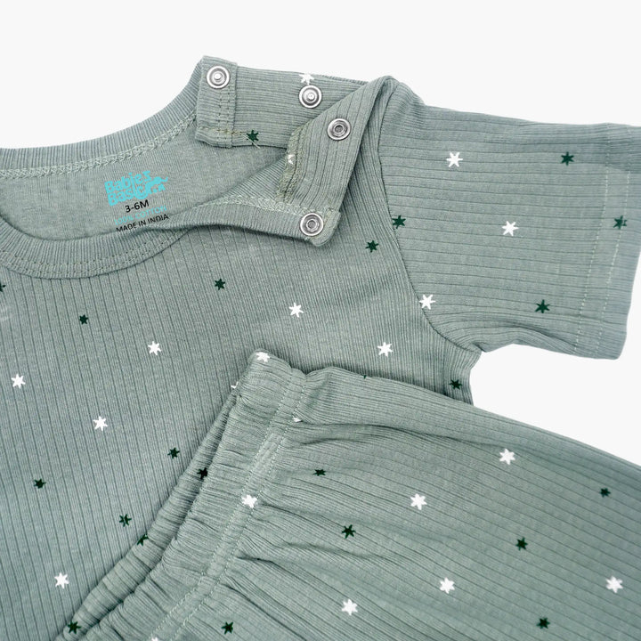 Babies Basic Ribbed Cotton Printed Short Sleeves T-shirt and Printed Pyjama Set