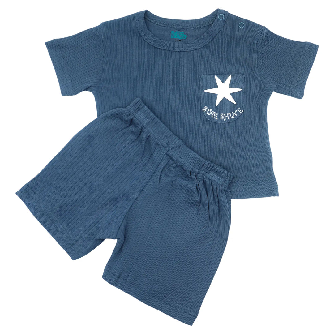 Babies Basic Ribbed Cotton Short Sleeves T-shirt and Plain Shorts Set