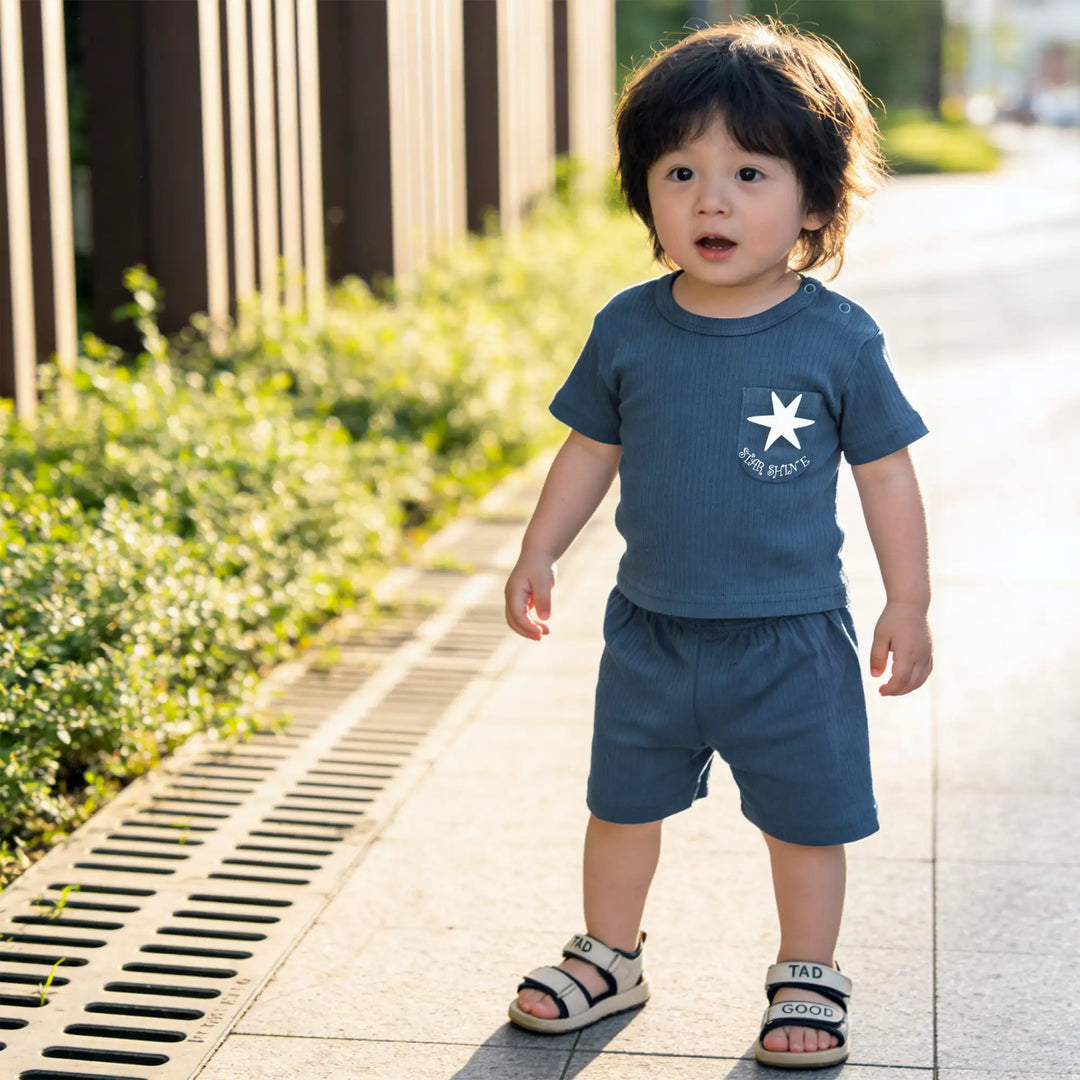Babies Basic Ribbed Cotton Short Sleeves T-shirt and Plain Shorts Set