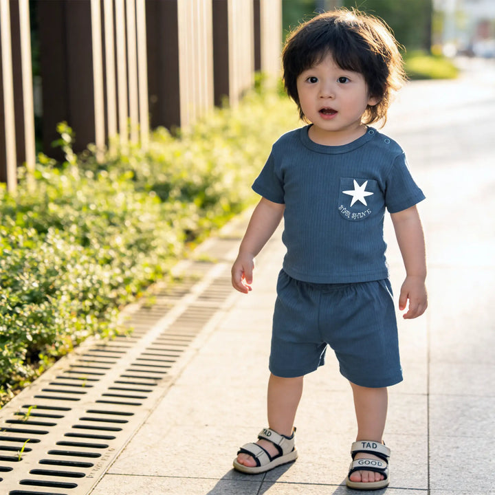 Babies Basic Ribbed Cotton Short Sleeves T-shirt and Plain Shorts Set
