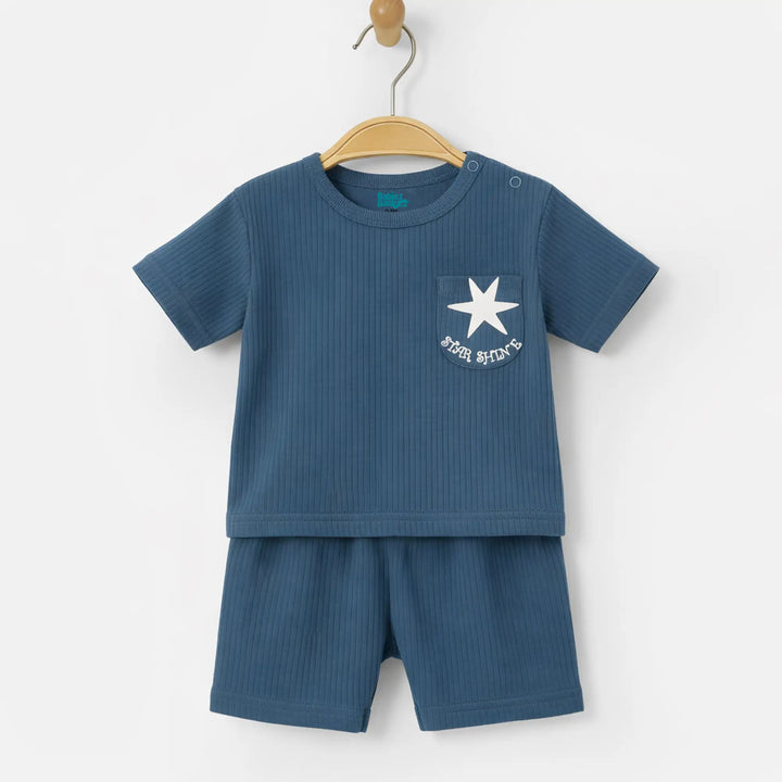 Babies Basic Ribbed Cotton Short Sleeves T-shirt and Plain Shorts Set