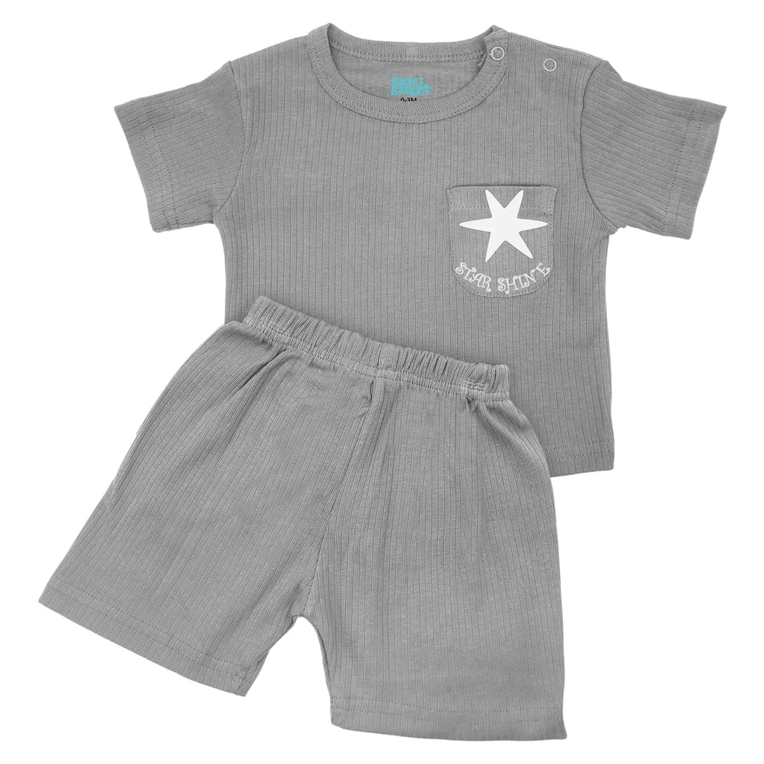 Babies Basic Ribbed Cotton Short Sleeves T-shirt and Plain Shorts Set
