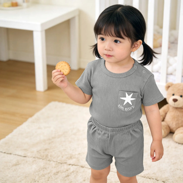 Babies Basic Ribbed Cotton Short Sleeves T-shirt and Plain Shorts Set